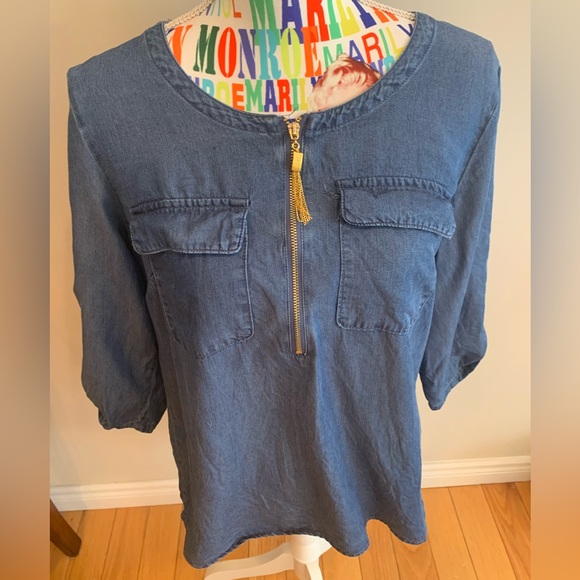 Jones New York Tops - Jones New York Blue Denim Top with Zipper and Gold Tassels